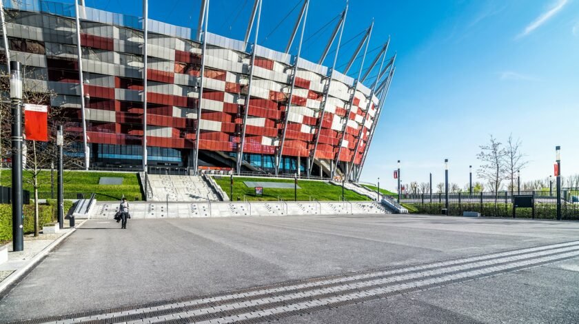 Warsaw Poland stadium with sports drainage outside front of building