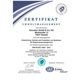 HAURATON Umweltmanagement-Zertifikat nach DIN EN ISO 14001