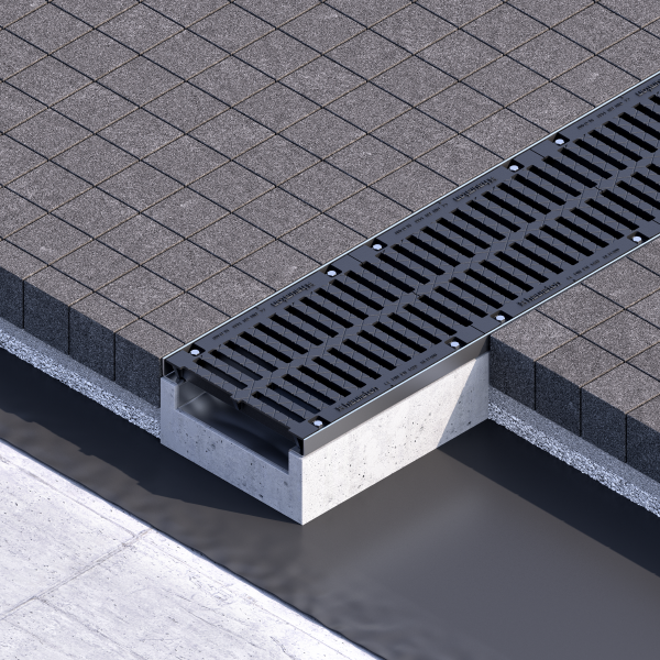 Einbauvisualisierung der befahrbaren Kastenrinne STEELFIX ECO mit Gussrost