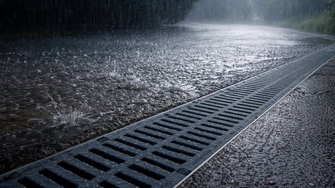 kanał odwadniający podczyszczający w deszczu droga z zakretem