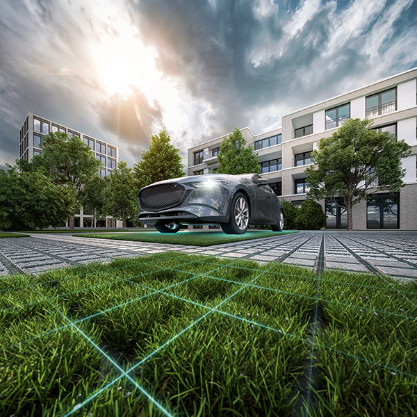 Visualisierung eines Autos, das auf einer Parkfläche mit RECYFIX GRID Elementen steht