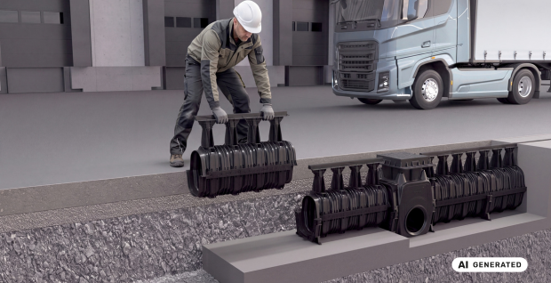 Das Bild zeigt auf Paletten gestapelte RECYFIX HICAP F Entwässerungselemente in einer Logistikumgebung. Die leichte und platzsparende Lagerung sowie der effiziente Transport unterstützen eine wirtschaftliche Installation auf Industrie-, Logistik- und Verkehrsflächen.