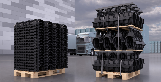 Palettierte RECYFIX HICAP F Entwässerungssysteme für Logistik- und Schwerlastanwendungen